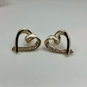 Gold Heart Earrings White Enamel CZ Heart Stud Earrings Romantic Love Jewelry
